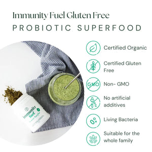 Probiotic superfood with a container labeled 'Immunity Fuel' on a white background with features and benefits
