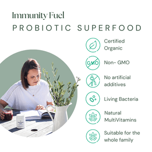 Immunity Fuel Original Probiotic superfood powder with benefits listed 'certified organic, non GMO, nothing artificial, live bacteria, suitable for all ages'