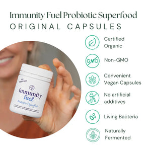 Immunity Fuel Probiotic Superfood Original Capsules shown in a white jar held by a person in a circular inset photo, with feature icons on a white background.