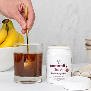 Immunity Fuel blackcurrant blend mixes easily into water and smoothies for a healthy gut and strong immune system